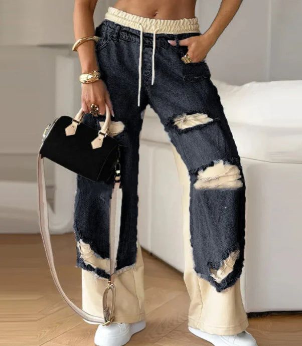 Women's double-layer jeans with appliquéd denim panels, elastic drawstring waistband, wide leg, and vintage-like rips Mune Fashion