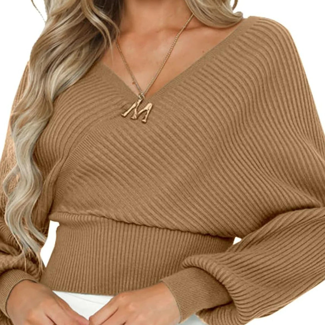 Women's knitted off-shoulder cropped pullover with wrap look and balloon sleeves Mune Fashion