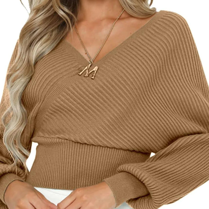 Women's knitted off-shoulder cropped pullover with wrap look and balloon sleeves Mune Fashion