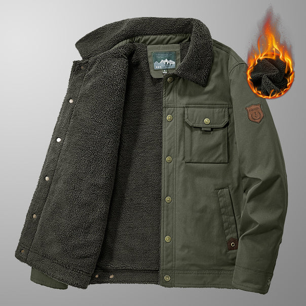 Men's outdoor work jacket made of canvas with warming teddy fleece lining and vintage utility details Mune Fashion