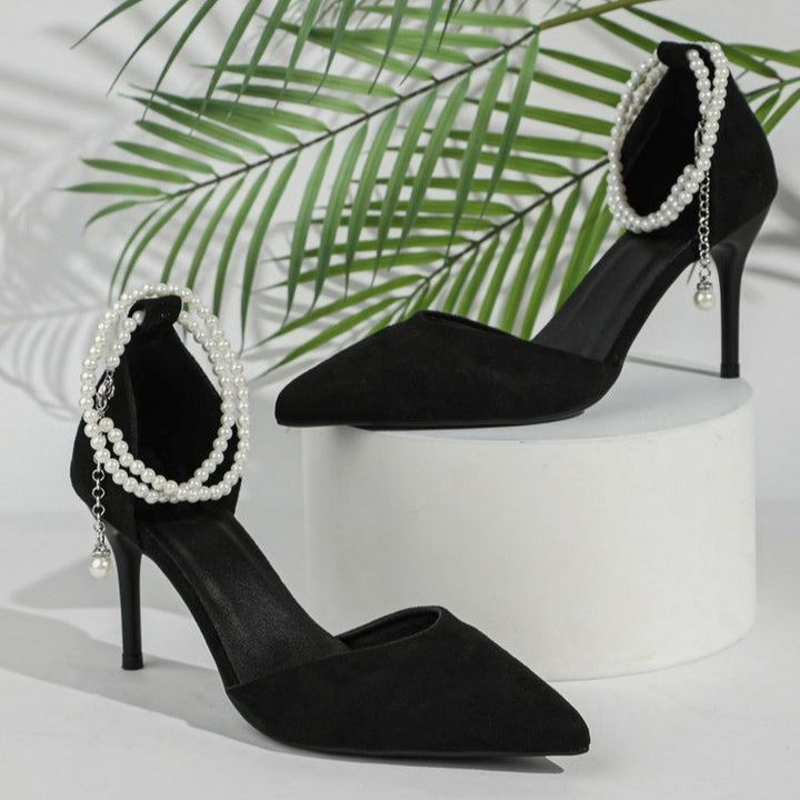 Women Elegant pointed heels with pearl ankle straps and slim stiletto heel
