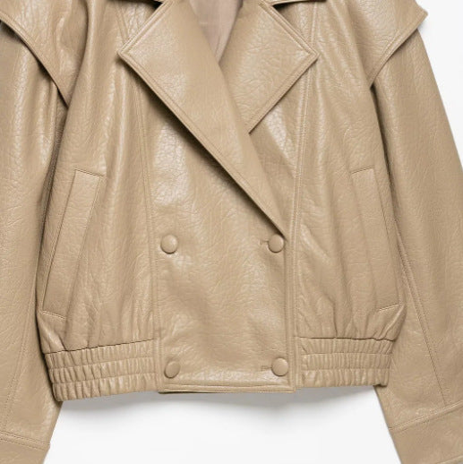 Women Short Blouson made of Artificial Leather with Double-Breasted Button Placket and Shoulder Cape Mune Fashion