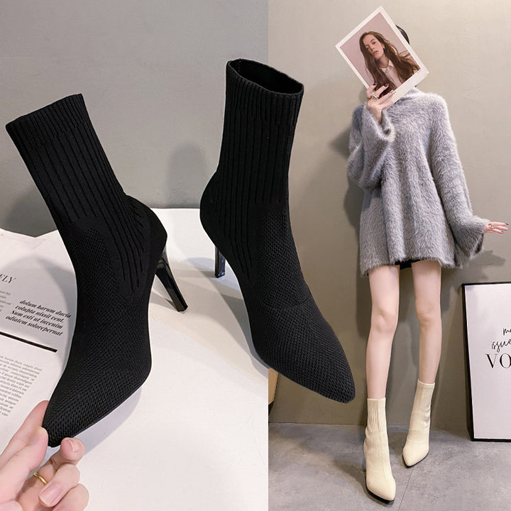 Ladies' ankle boot in knit with contoured sock construction, slim stiletto heel and pointed toe cap Mune Fashion