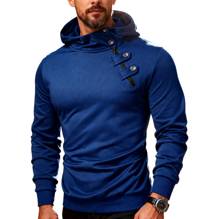 Men's fitted hoodie with high collar, decorative tabs and concealed diagonal zipper Mune Fashion