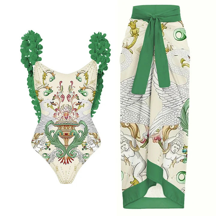 Women’s swimsuit set with floral ruffle decoration and elegant maxi skirt Mune Fashion