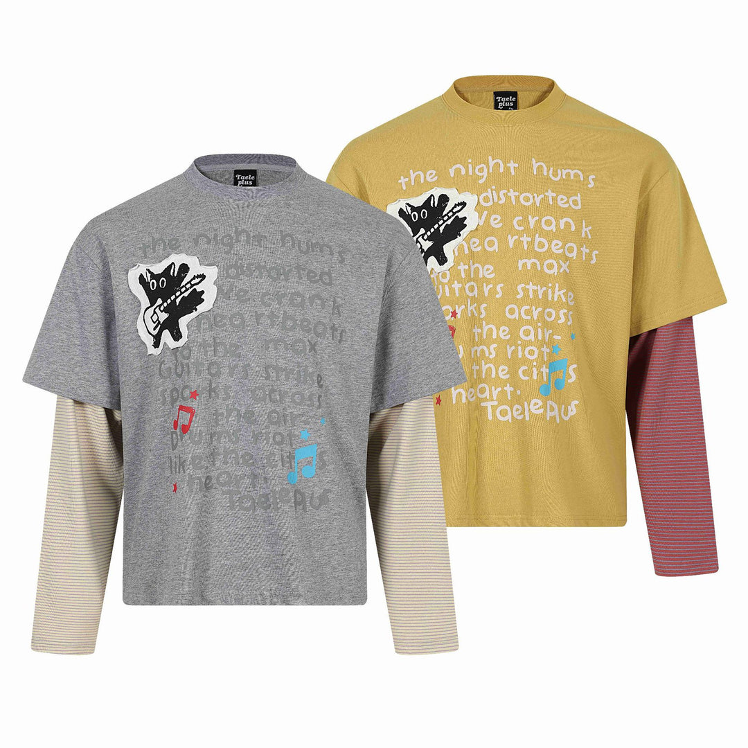 Unisex Layered Look Long Sleeve T-Shirt with Attached Short Sleeve Layer and Graphic Print Mune Fashion