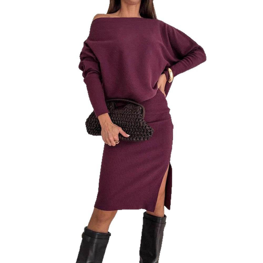 Women's Reversible Ribbed Knit Set with Off-Shoulder Oversized Sweater and Tailored Midi Skirt with Side Slit Drune