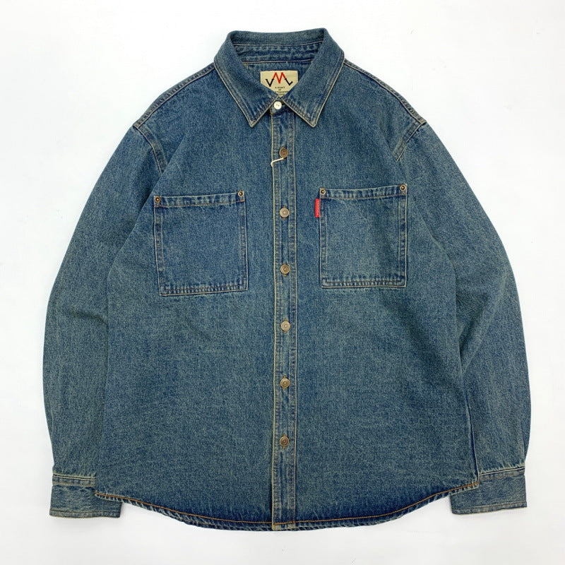 Men's Relaxed Denim Shirt Jacket with Patch Chest Pockets and Rounded Hem Mune Fashion