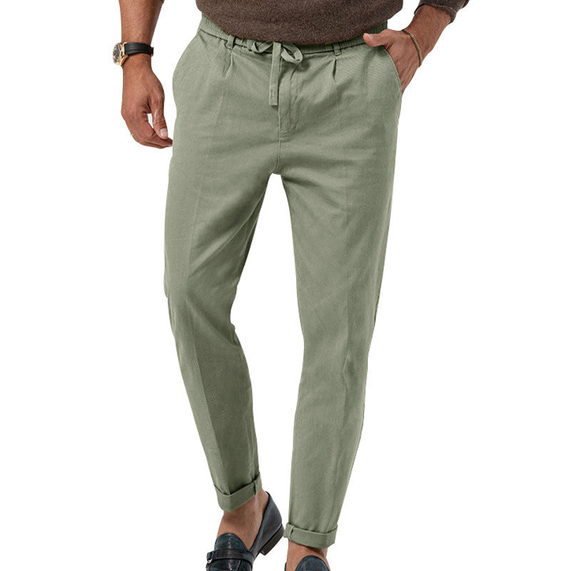 Men's Tapered Linen-Cotton Pants with Elastic Waistband, Drawstring and Cuffs Mune Fashion