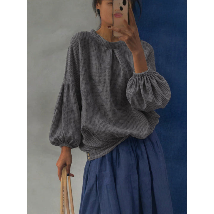 Women Oversize Waffle Knit Sweater with Balloon Sleeves and Pleat Mune Fashion