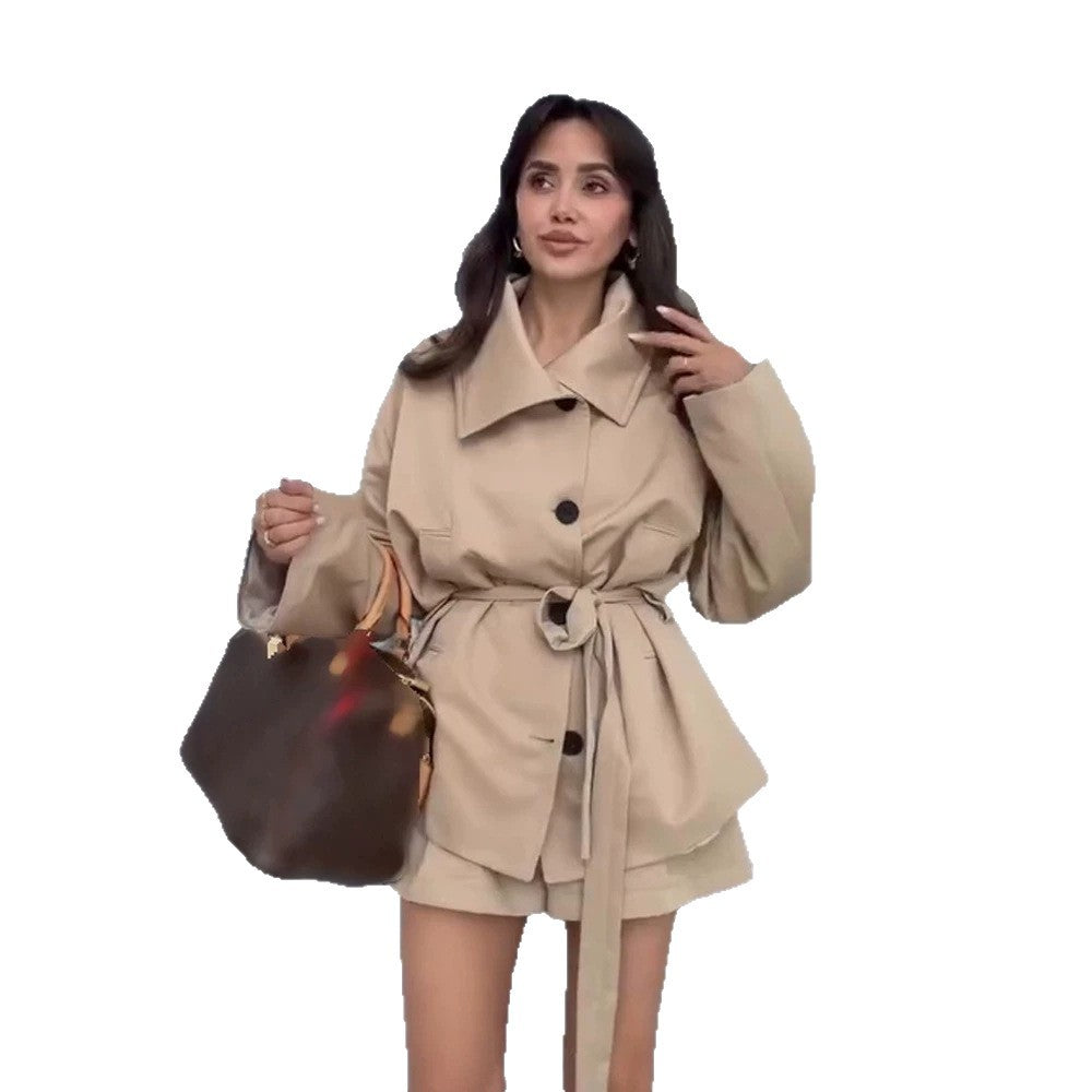 Women Tailored Short Jacket with Belt and Dropped Sleeves Mune Fashion