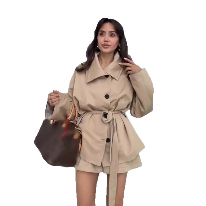 Women Tailored Short Jacket with Belt and Dropped Sleeves Mune Fashion