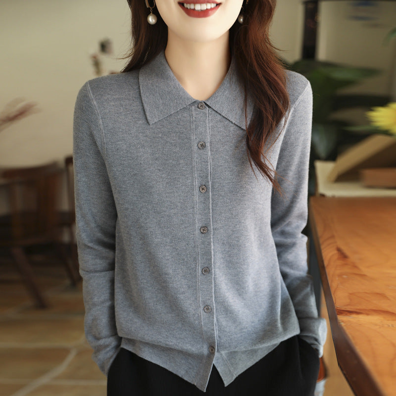 Women Lightweight Fine Knit Cardigan with Polo Collar and Continuous Button Placket Mune Fashion