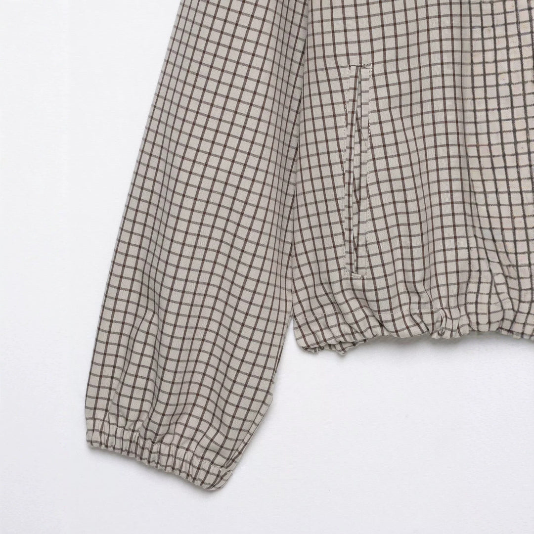 Women's Checkered Cropped Jacket with Hood, Drawstring and Zipper