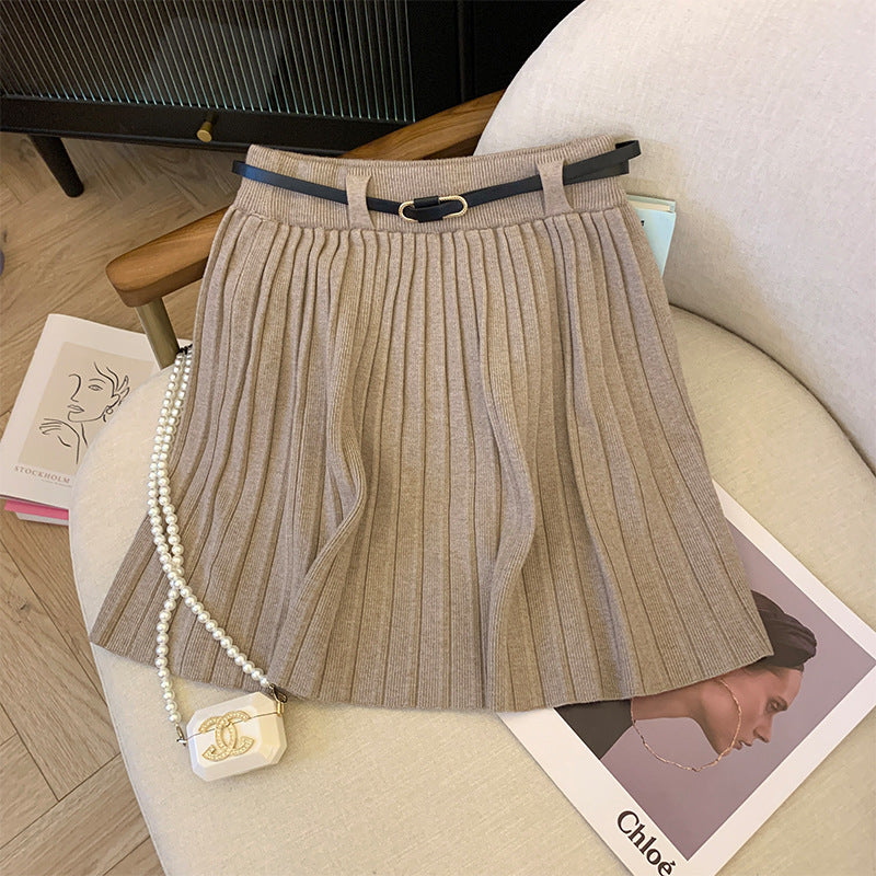 Ladies Pleated Skirt with Elastic Waistband and Belt Detail Mune Fashion