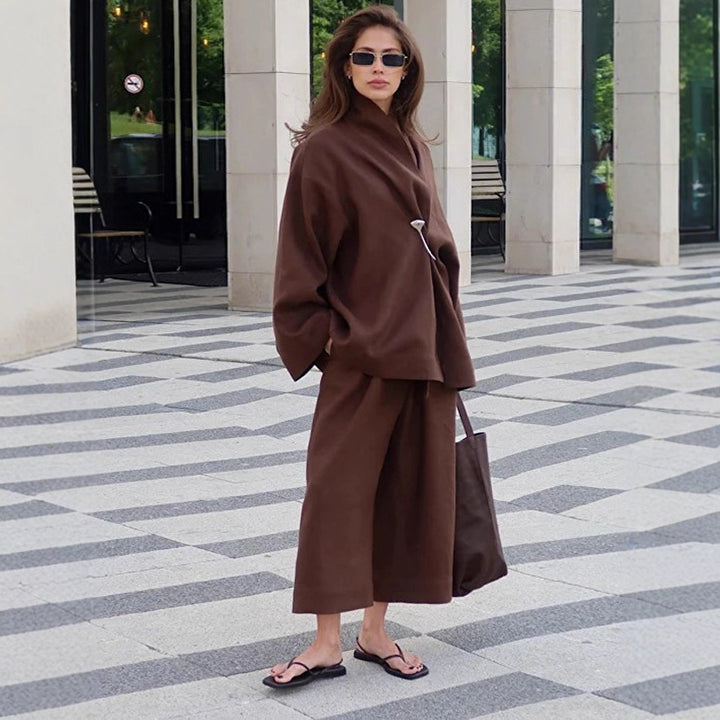 Women's Oversized Wrap Blazer with Safety Pin & Wide Suit Trousers Mune Fashion