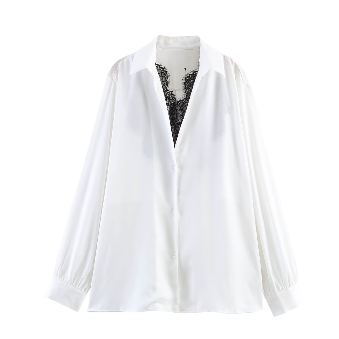 Women's Silky Oversized Blouse with Lace Insert and Shirt Collar Mune Fashion