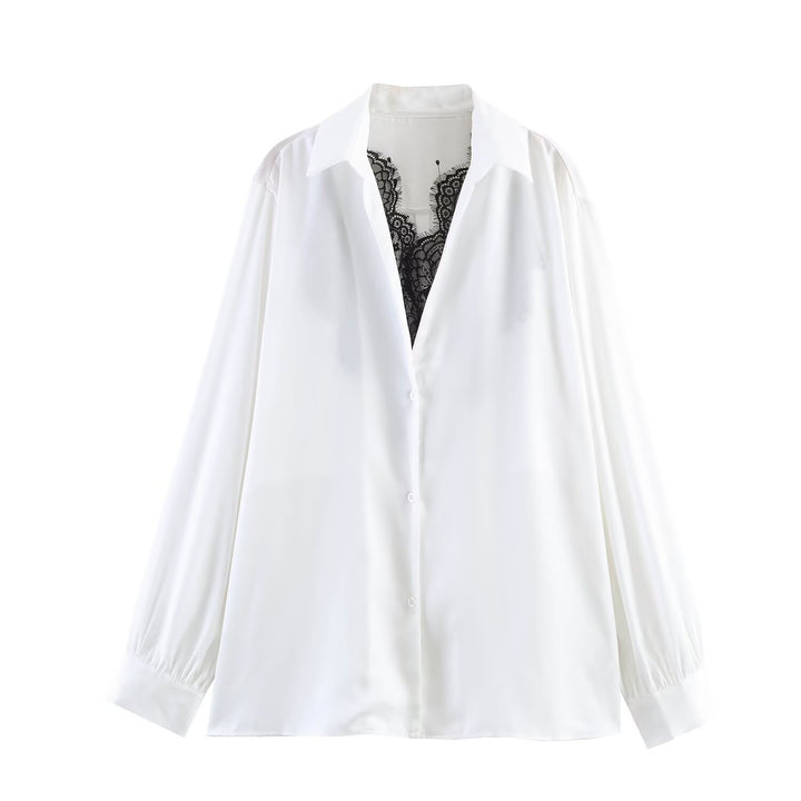 Women's Silky Oversized Blouse with Lace Insert and Shirt Collar Mune Fashion
