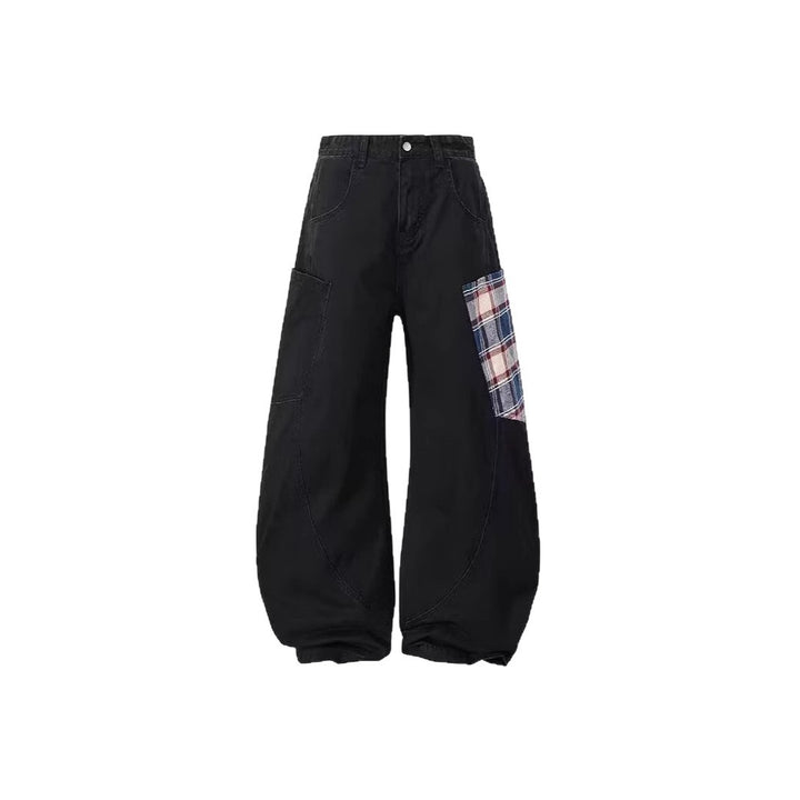 Women Wide-Cut Cargo Pants with Checkered Pattern Mune Fashion