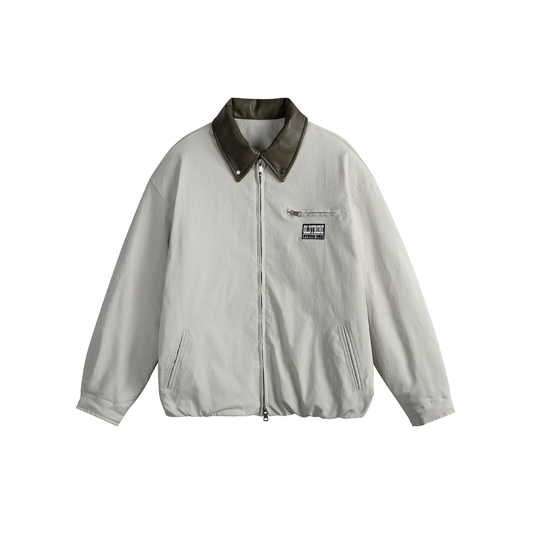 Unisex Oversized Blouson Jacket with Faux Leather Shawl Collar, Two-Way Zipper and Elastic Hem Mune Fashion