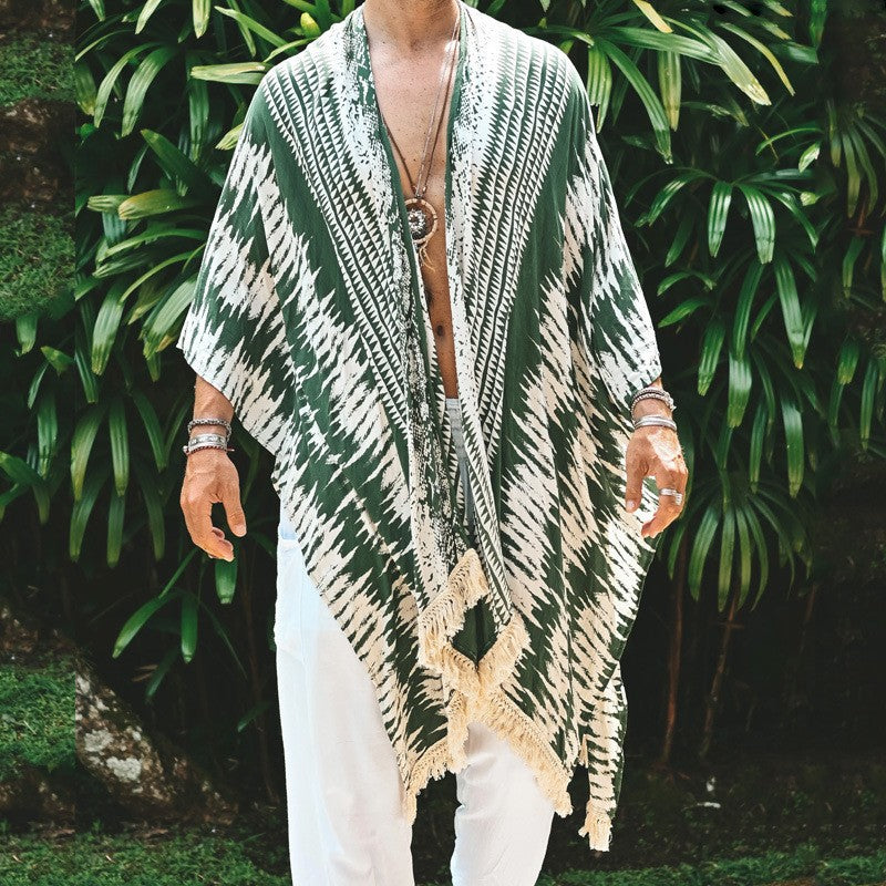 Men's Lightweight Ethno Beach Kaftan with V-Neck and Fringes Mune Fashion