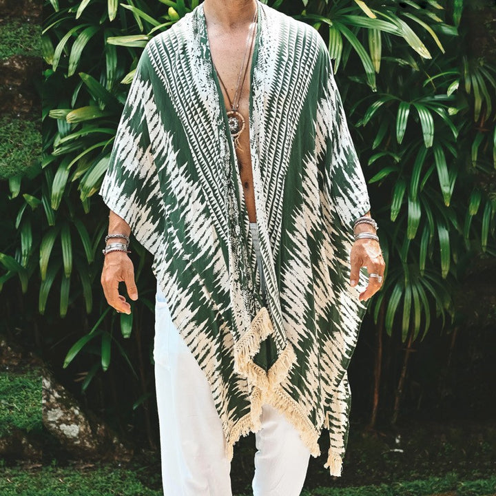Men's Lightweight Ethno Beach Kaftan with V-Neck and Fringes Mune Fashion