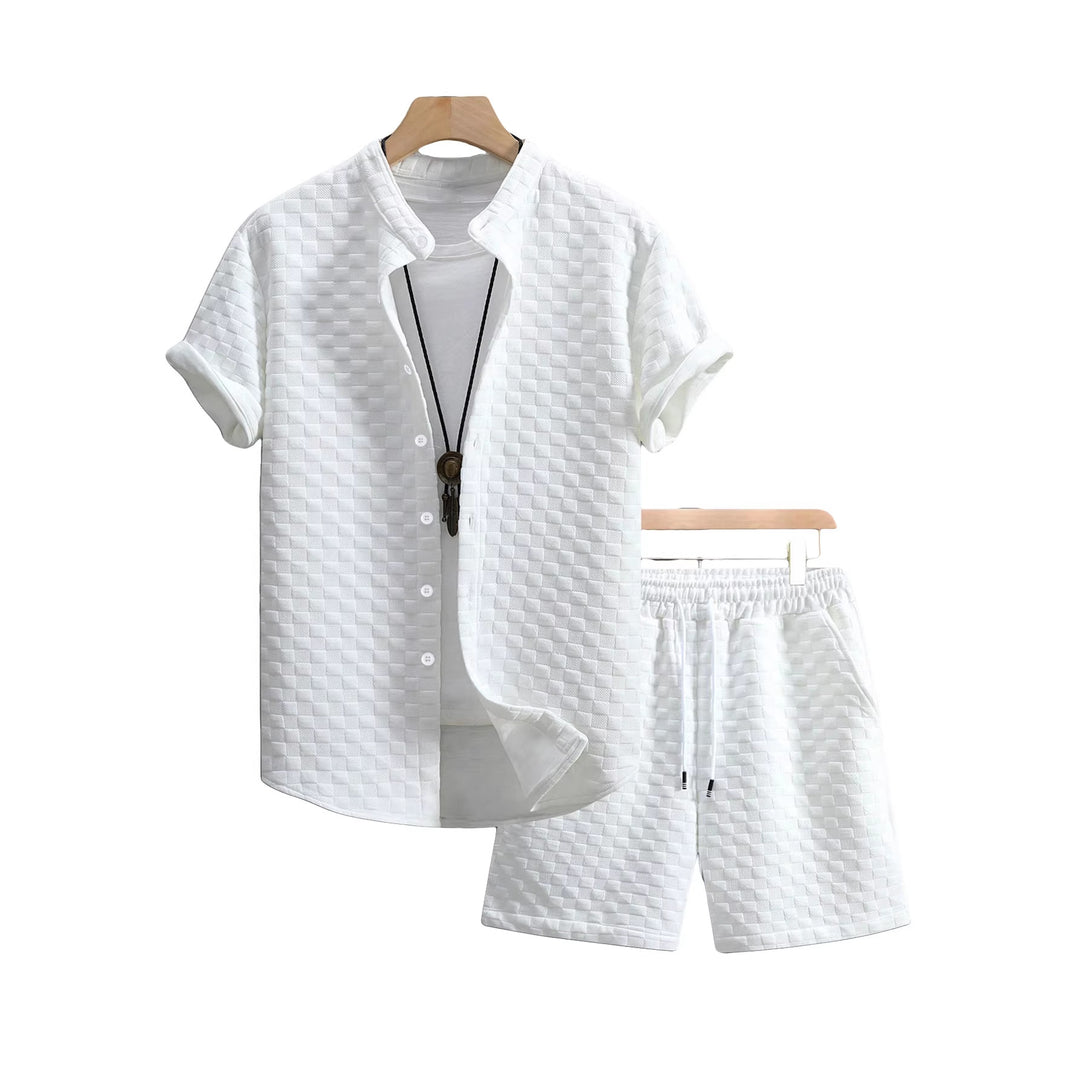 Men's two-piece summer ensemble with stand-up collar shirt jacket and elastic comfort shorts in embossed checked texture Mune Fashion