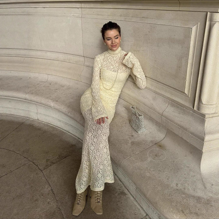 Women Elegant form-fitting Maxi dress made of lace with a stand-up collar and trumpet sleeves Mune Fashion
