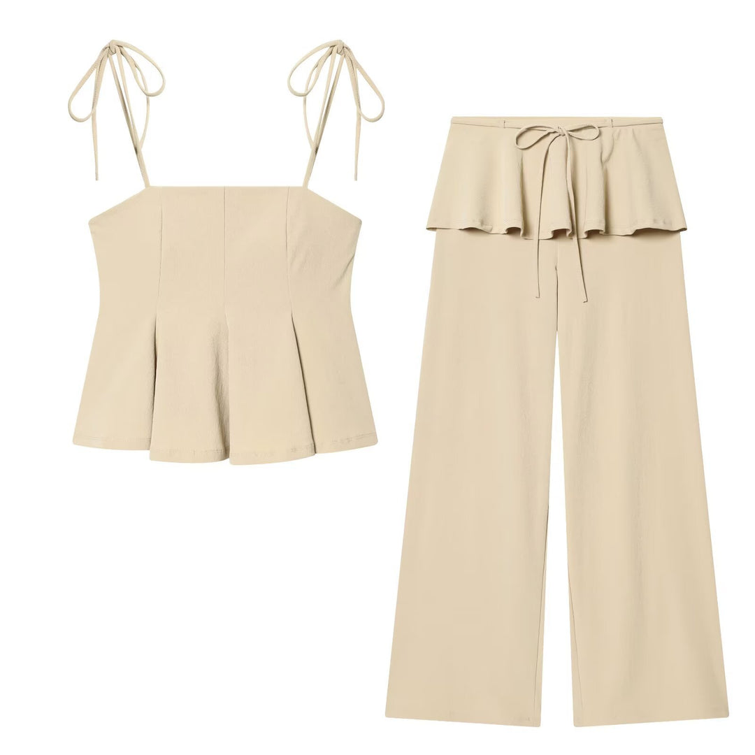Women's Palazzo Pants with Ruffle Waist and Drawstring Mune Fashion
