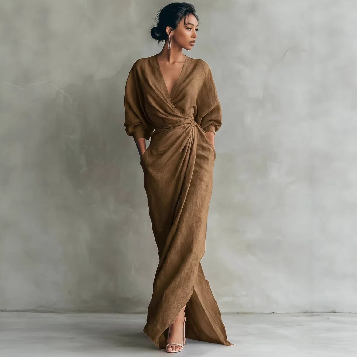 Women's wrap maxi dress made of linen blend with deep V-neck and balloon sleeves Mune Fashion