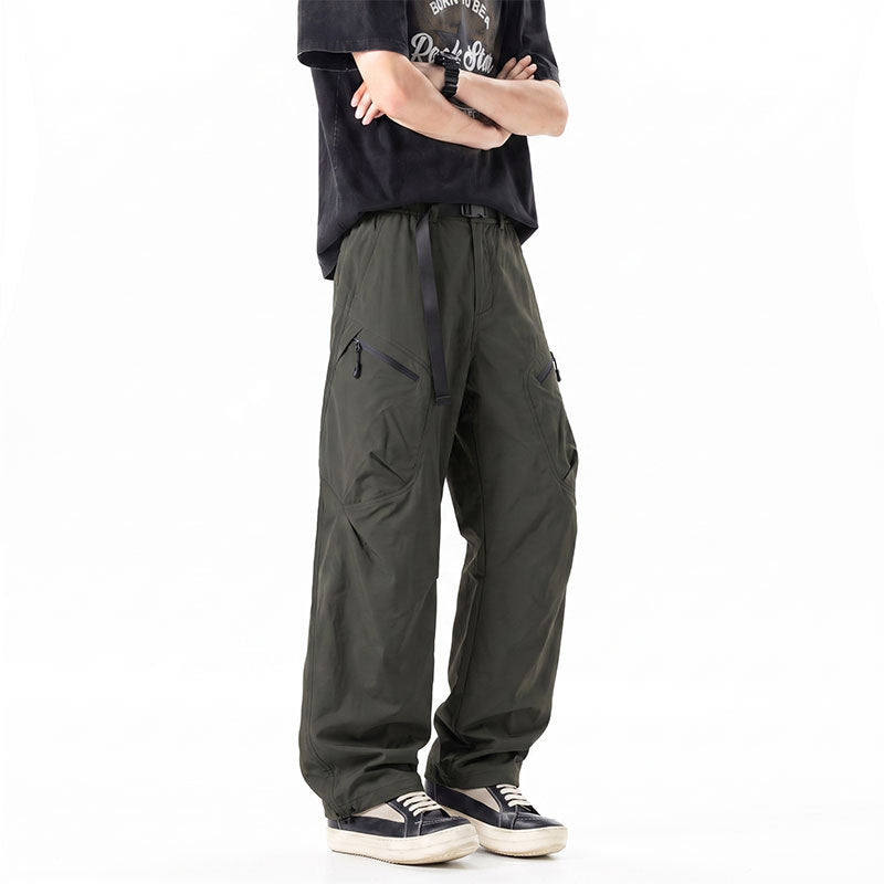 Men's Wide Ripstop Cargo Pants with Integrated Web Belt, Zipper Pockets, and Drawcord Finish Drune