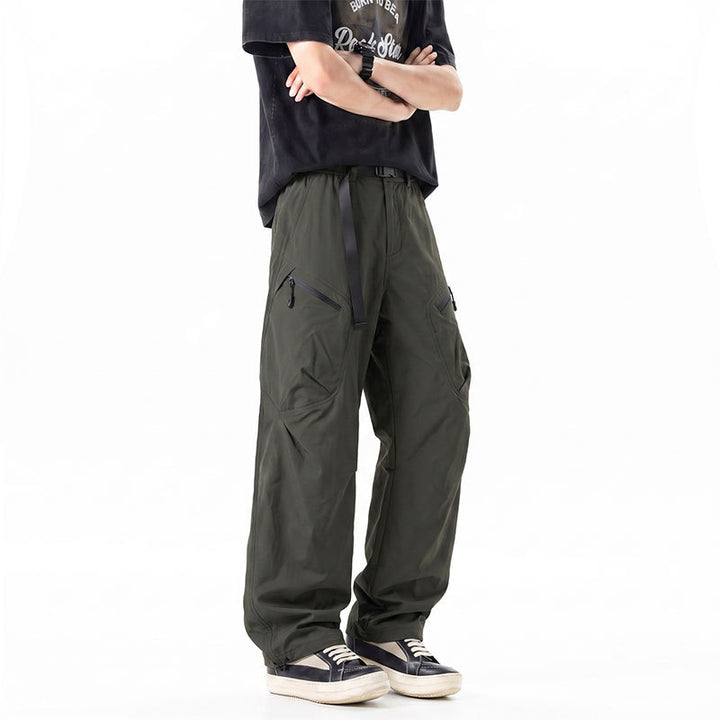 Men's Wide Ripstop Cargo Pants with Integrated Web Belt, Zipper Pockets, and Drawcord Finish Drune