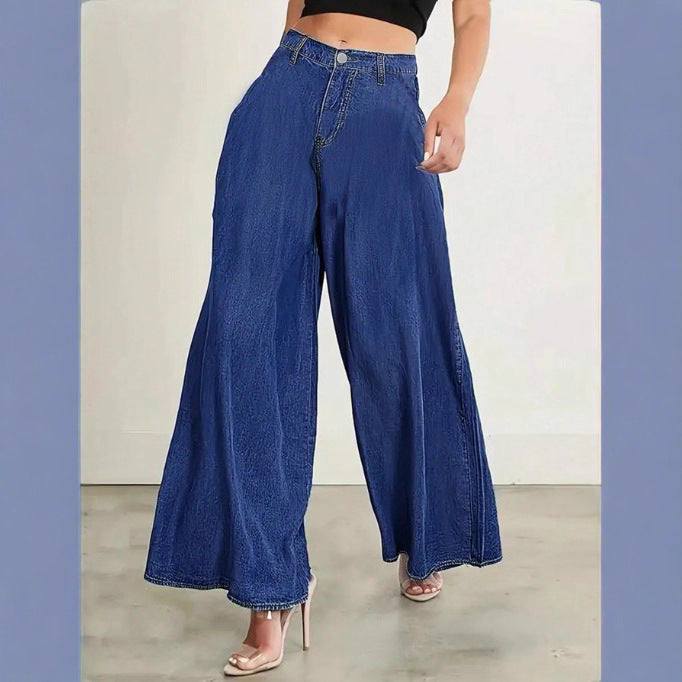 Women Extra Wide High-Waist Denim Palazzo Pants with Flowing A-Line Fall Mune Fashion