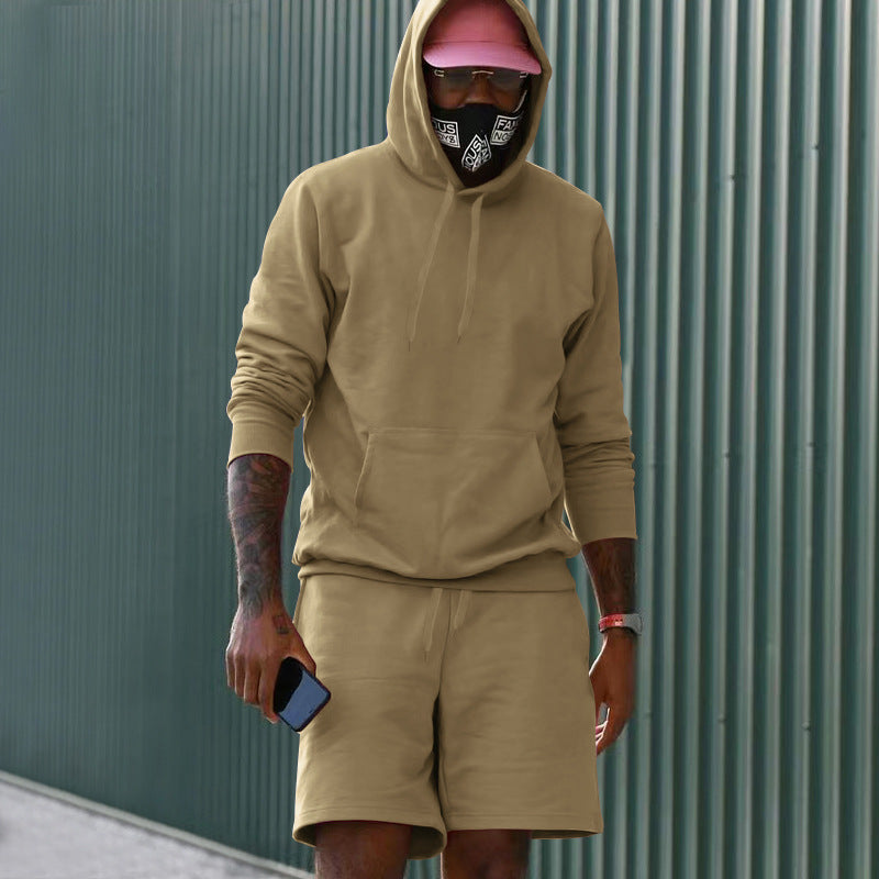 Men's two-piece leisure set hoodie and sweat shorts made of French Terry with kangaroo pocket and drawstring Mune Fashion