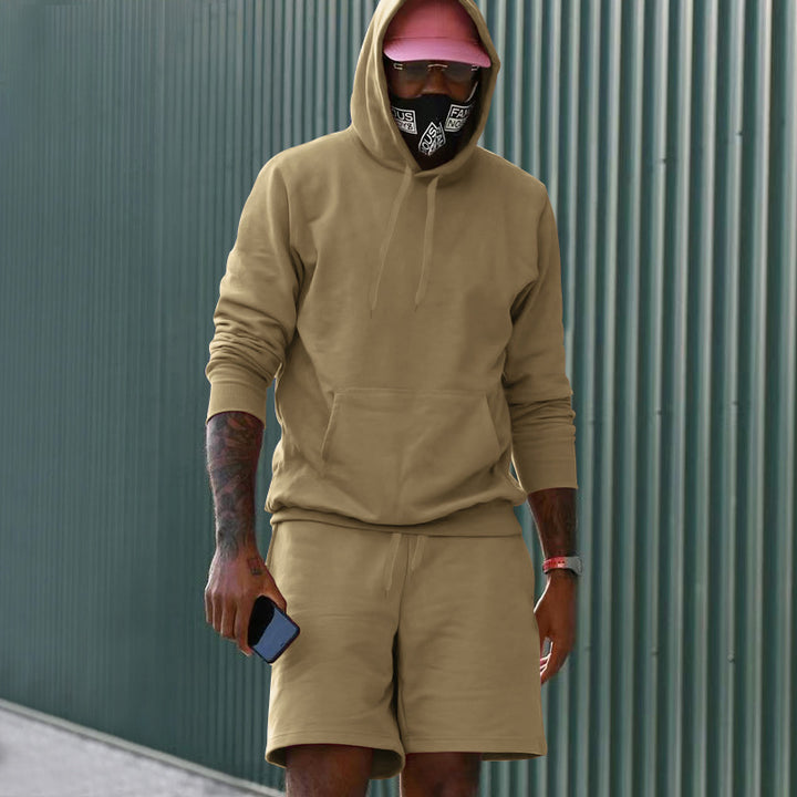Men's two-piece leisure set hoodie and sweat shorts made of French Terry with kangaroo pocket and drawstring Mune Fashion