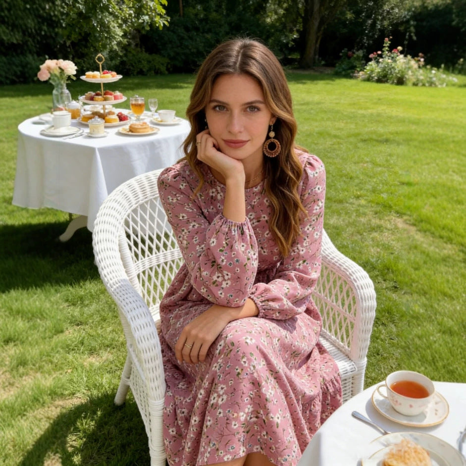 Women's Floral Midi Dress with Elastic Waistband, Long Balloon Sleeves and Ruffle Tier
