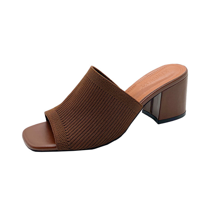 Women's knit mule with open toe area and medium high block heel Mune Fashion