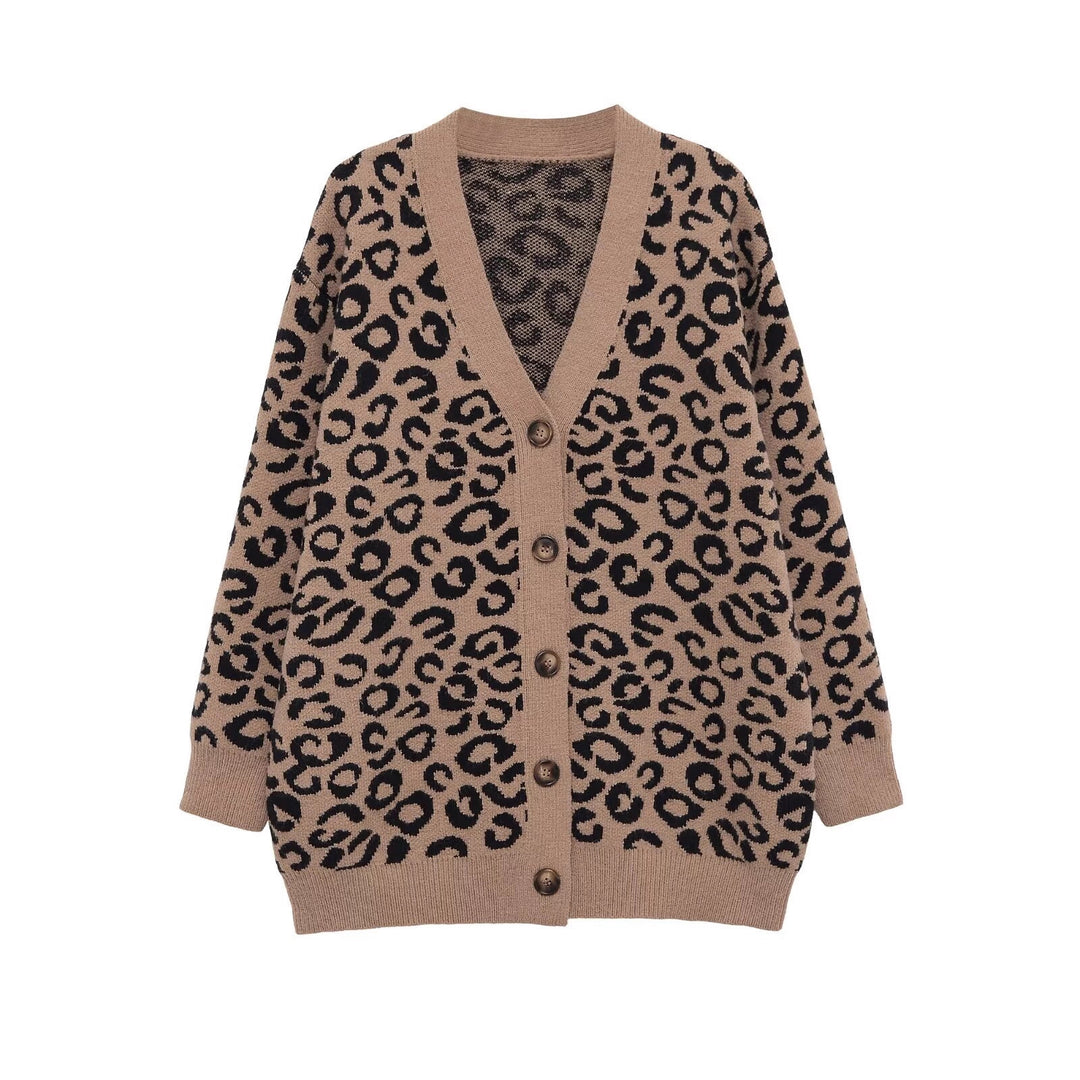 Women's Oversized Knit Cardigan with Leopard Print, V-Neck and Button Placket Mune Fashion