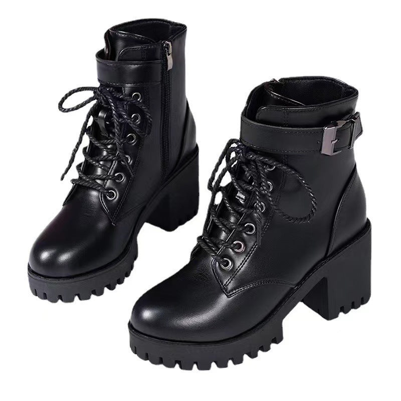 Women's platform lace-up ankle boots made of synthetic leather with profiled rubber sole and adjustable buckle strap Mune Fashion