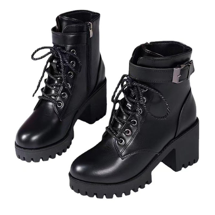 Women's platform lace-up ankle boots made of synthetic leather with profiled rubber sole and adjustable buckle strap Mune Fashion