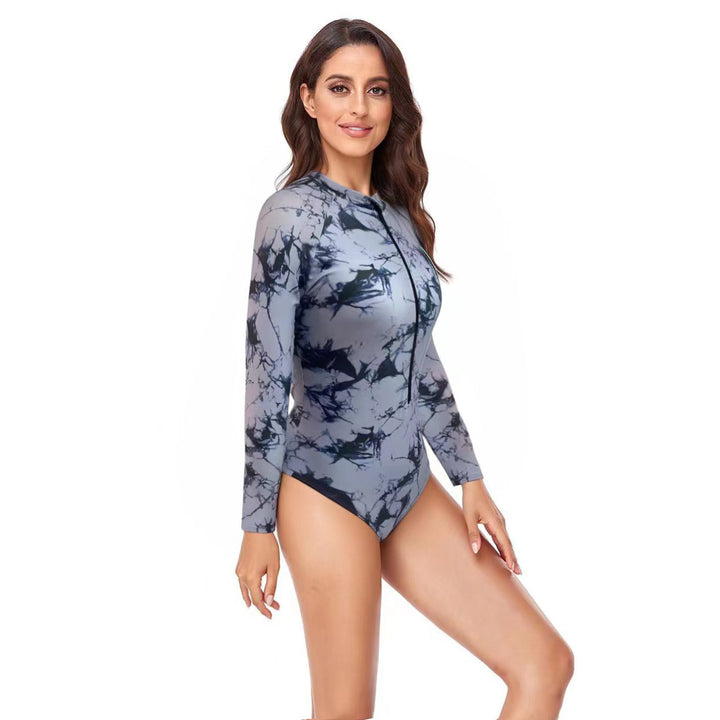 Women Long Sleeve Swimsuit with Zipper and Modern Marble Design Mune Fashion