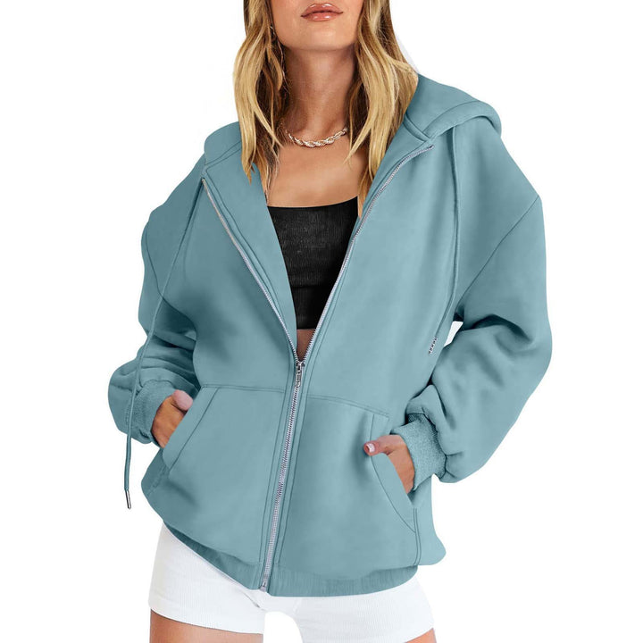 Women's Fleece Zip Jacket in Oversized Style with Hood, Kangaroo Pockets and Elastic Hem Mune Fashion