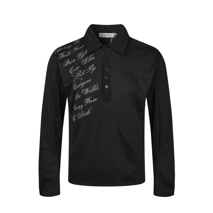 Women's Polo Shirt-Long Sleeve Shirt with Shirt Collar, Text Print and Rhinestone Application Mune Fashion