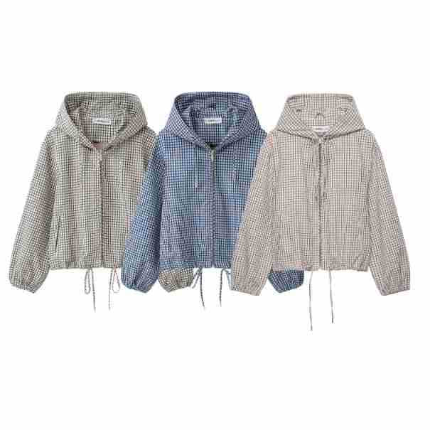 Women Checked Cropped Hoodie with Drawstring and Zipper Mune Fashion