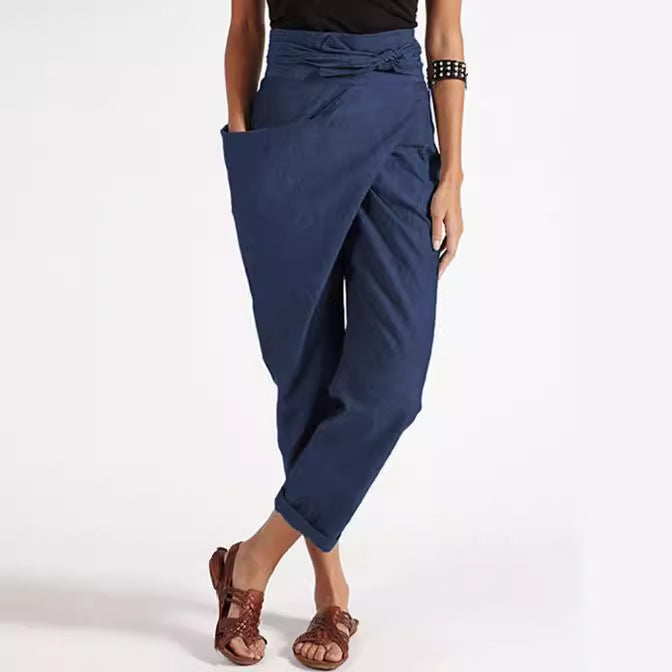 Women's wrap pants made of linen blend with high waistband, overlapping front and generous side pocket Mune Fashion