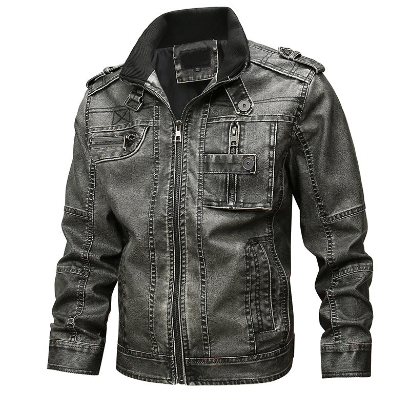 Men's Casual Faux Leather Biker Jacket with Stand Collar, Zip Front and Utility Pockets Mune Fashion
