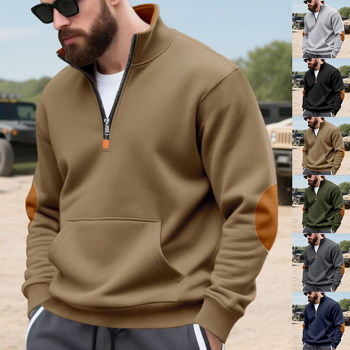 Men's half-zip sweatshirt with stand-up collar, kangaroo pocket, and contrasting elbow patches Mune Fashion