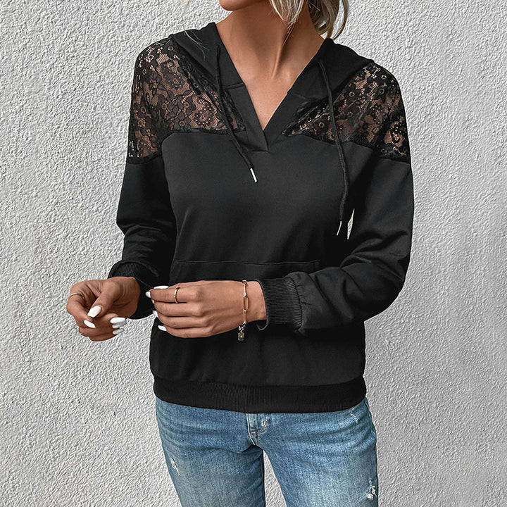Women's hoodie with V-neck, lace shoulder trim and kangaroo pocket Mune Fashion