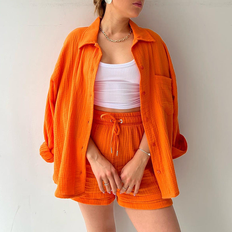 Women's casual oversized shirt and shorts set with chest pocket, drawstring, and brushed cotton texture Mune Fashion