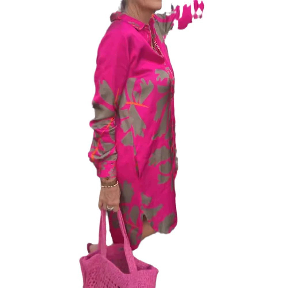 Women's short tunic shirt dress in satin look with large leaf print, shirt collar and loose A-line Mune Fashion